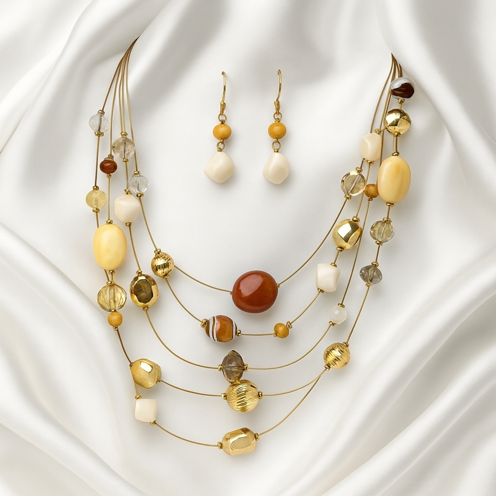 Gold tone Layered colorful Beaded Statement Necklace w/ Matching Earrings Women